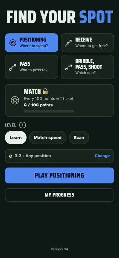 Find Your Spot: choose Positioning, Receive, Pass or Dribble, Pass, Shoot